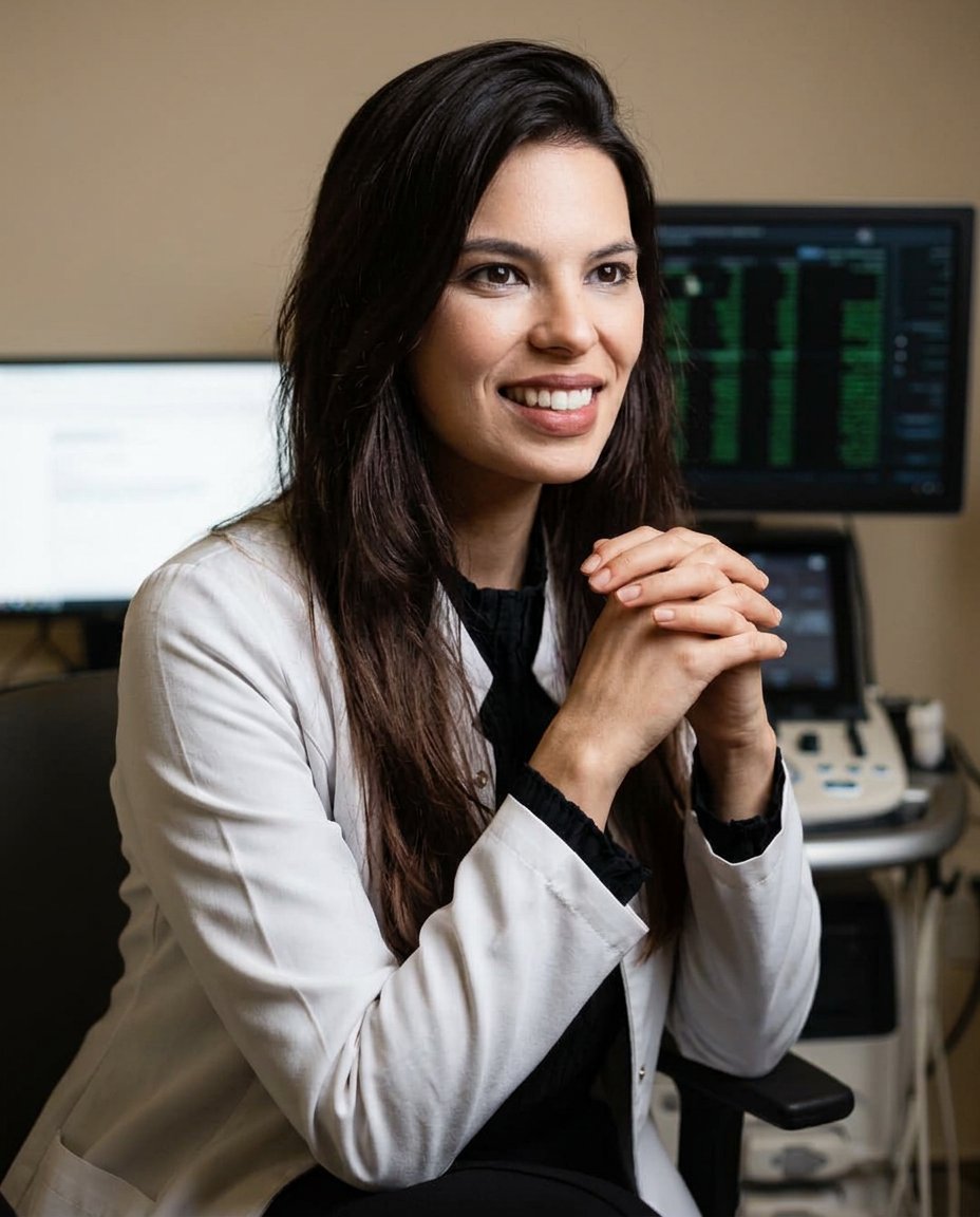 Dra. Camila Dezotti em atendimento com equipamento de Ecocardiografia